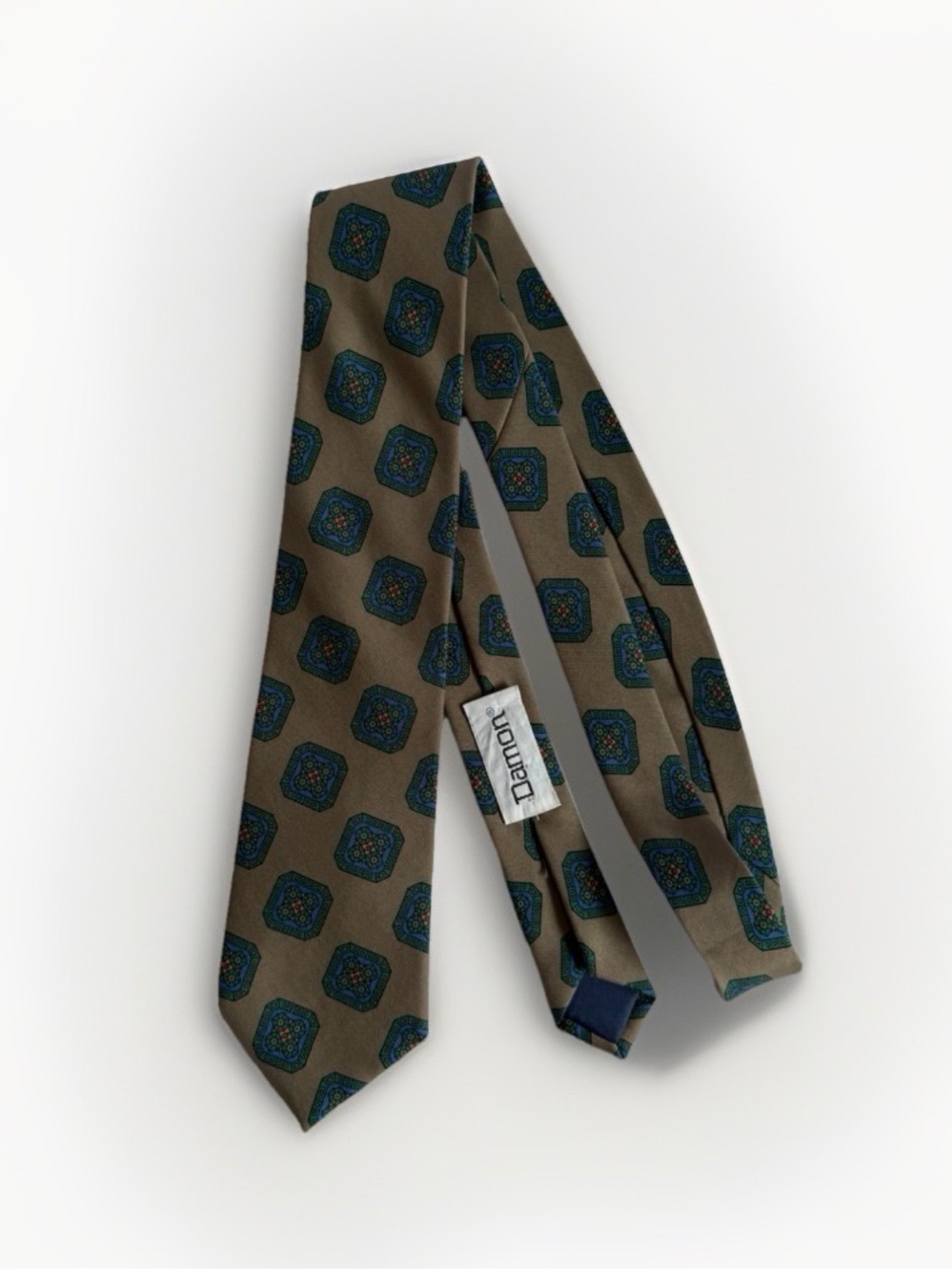 Vintage Damon Tie Silk Hand Made Italy Geometric Foulard Taupe Green Medallion